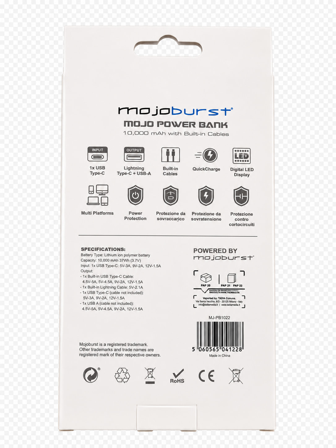Powerbank Mojoburst MJ-PB1022 con display digitale e cavi integrati